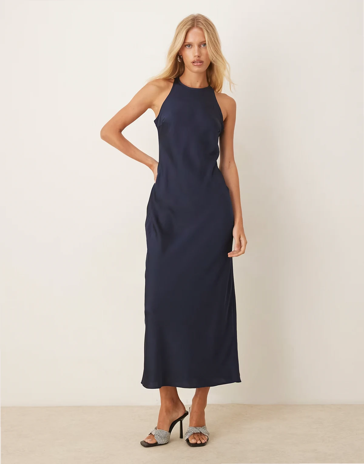 racer neck satin midaxi dress in deep navy