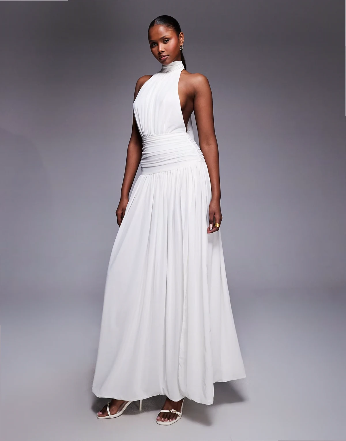 high neck halterneck tie back ruched dropped waist open back maxi dress in cream