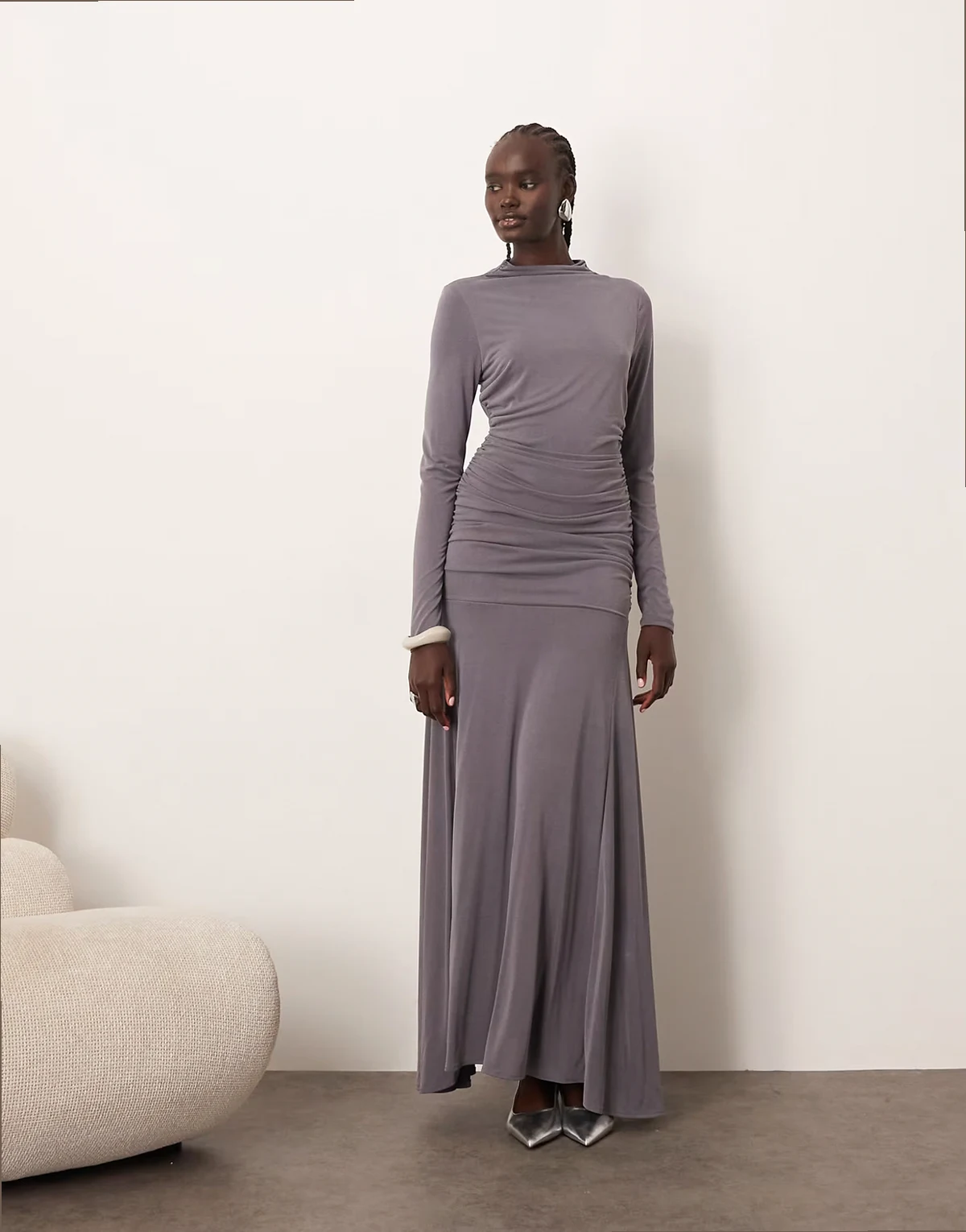 long sleeve drape maxi dress in charcoal
