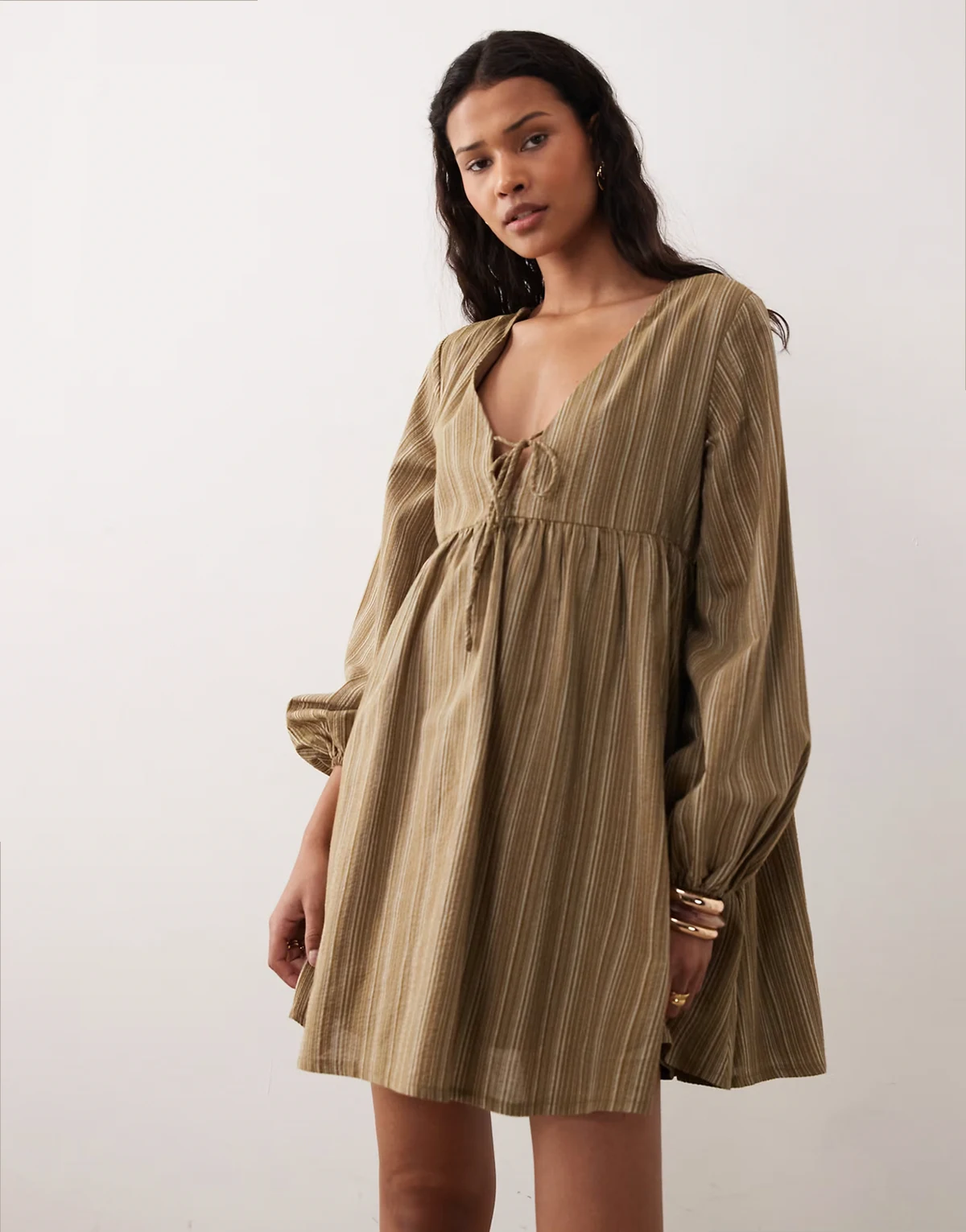 Ella long sleeve babydoll dress in olive green