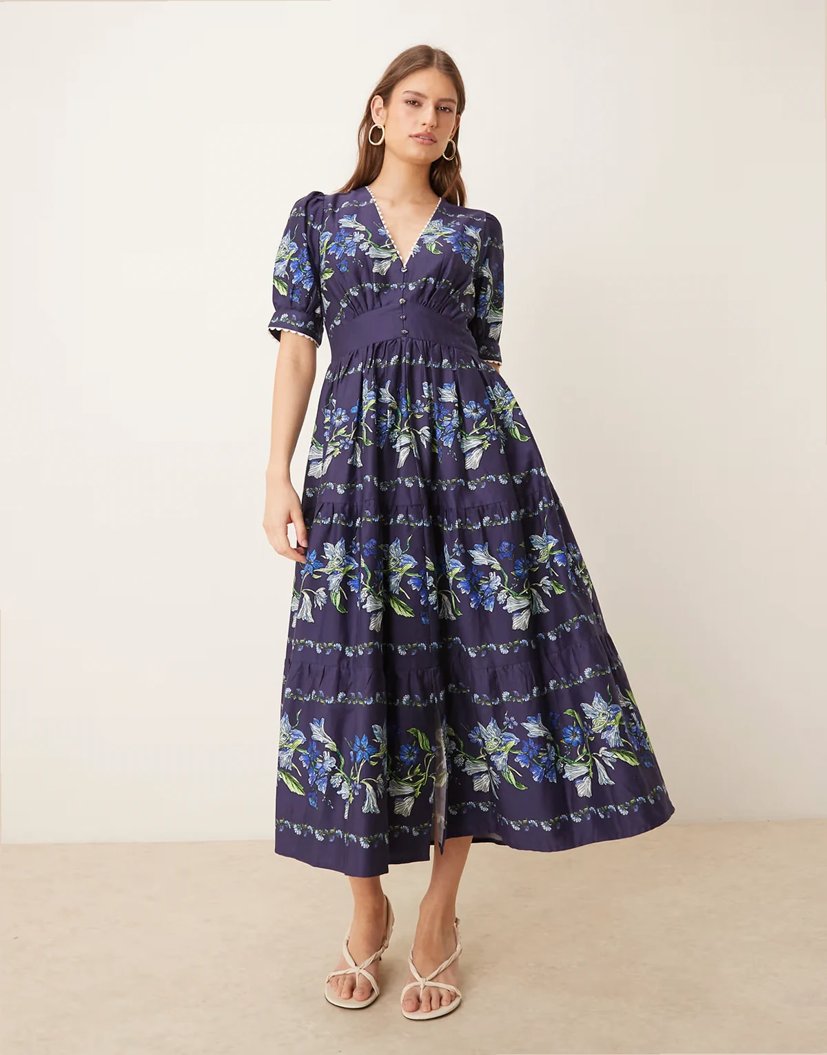 cotton button front v neck midi dress in navy floral