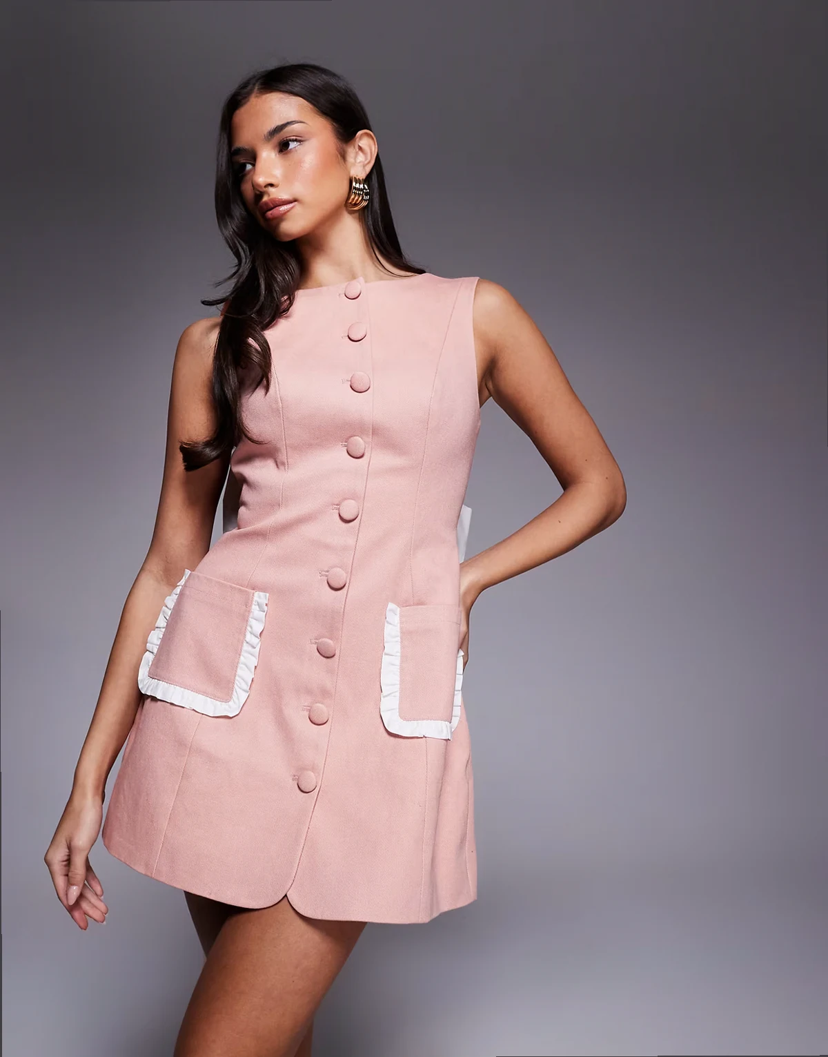button down mini dress with bow back in pink