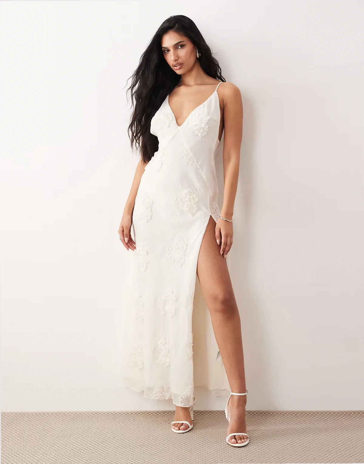 Romaya chiffon v-neck floral appliqué detailing maxi dress in ivory