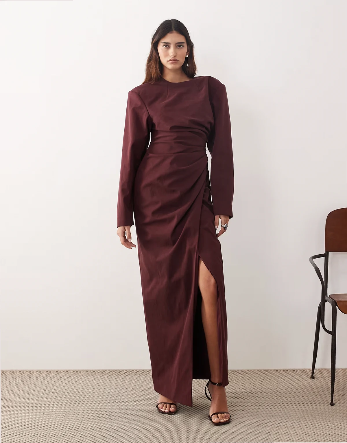 high neck shoulder pad pleated waist maxi dress in berry
