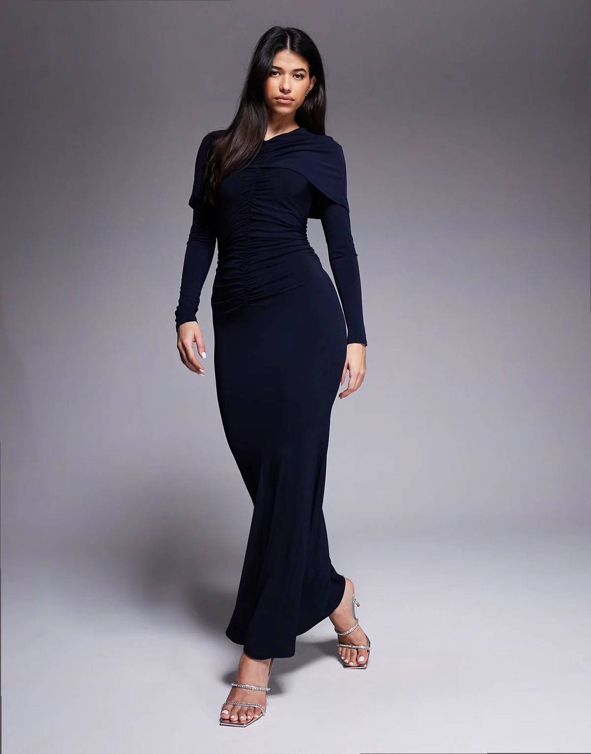 slinky ruched cape detail maxi dress in navy