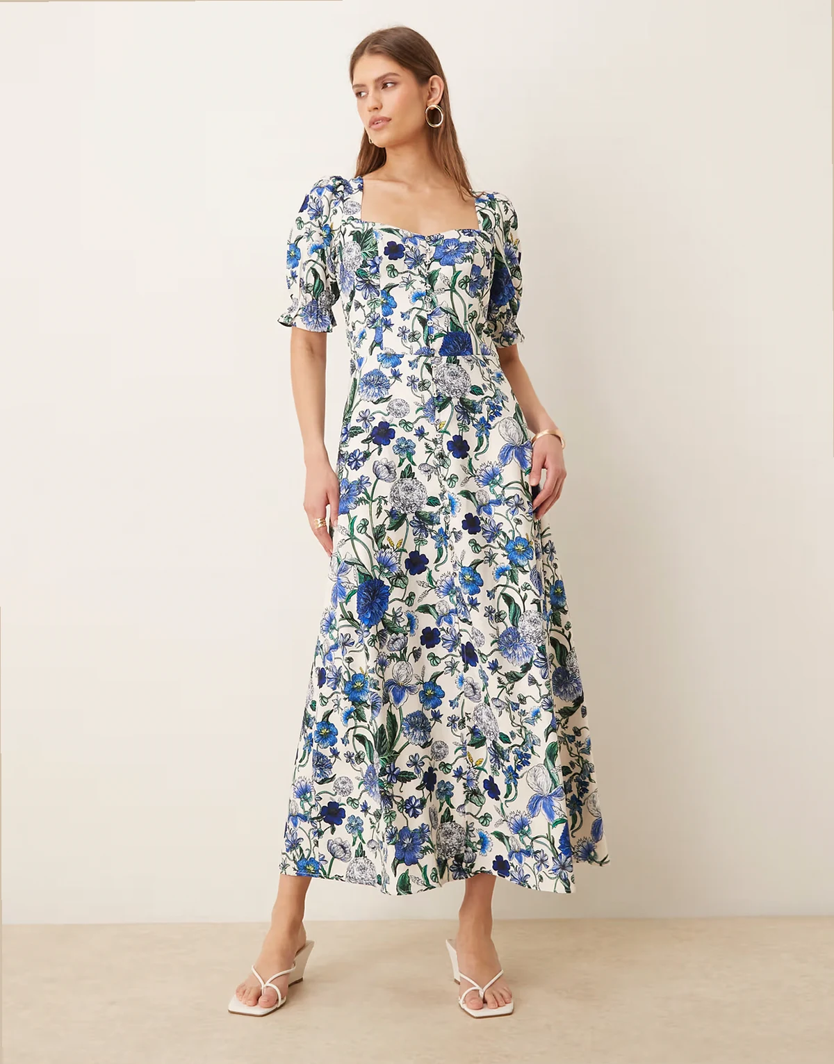 button detail split front midi dress in blue floral