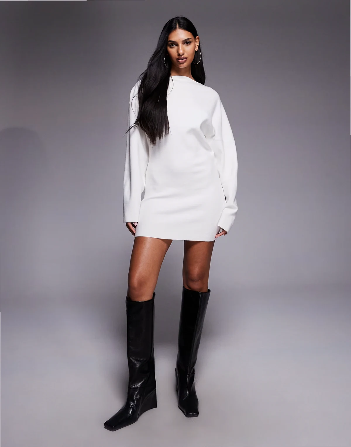 exclusive straight neck ribbed knit balloon sleeve mini sweater dress in cream