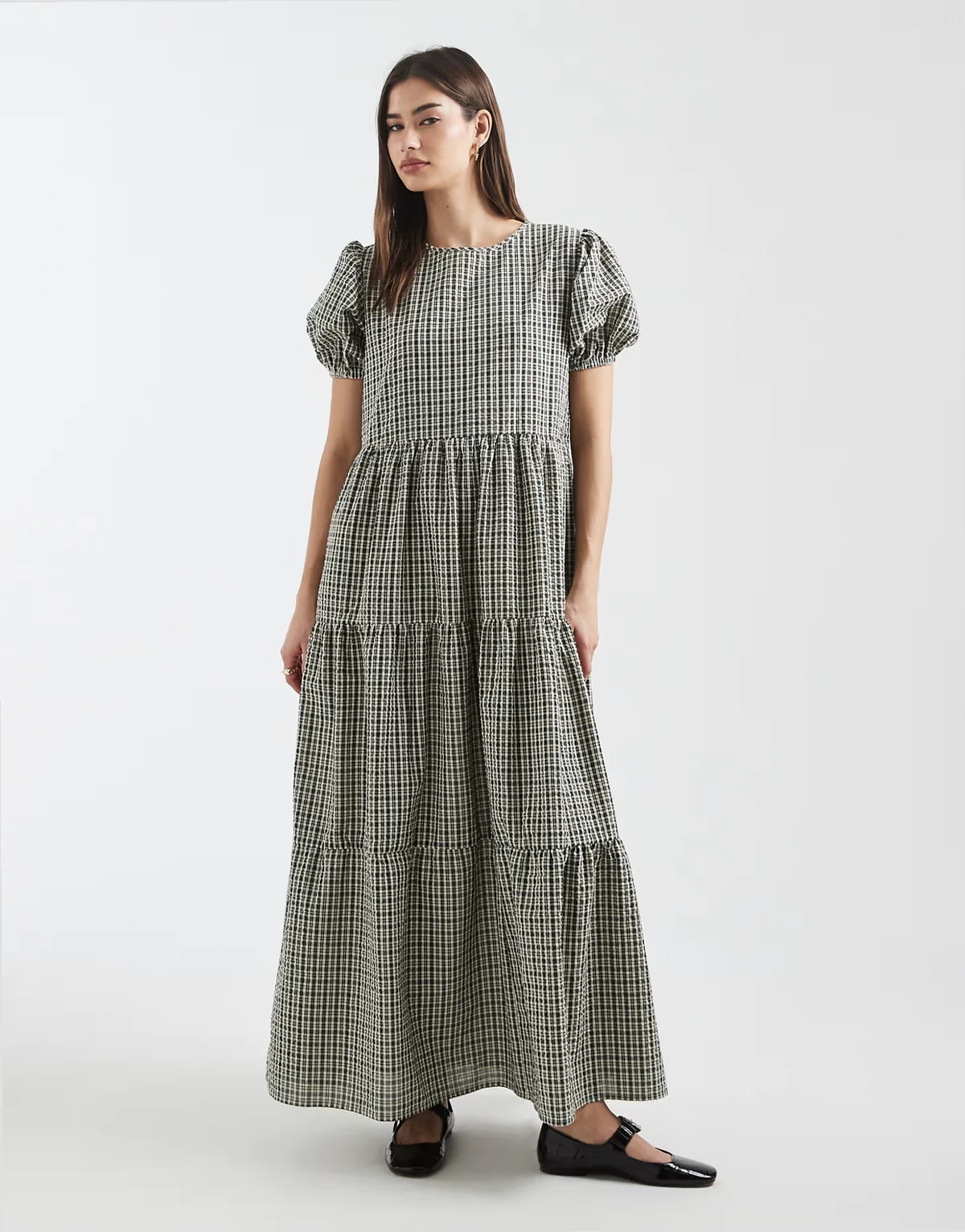 throw on smock tiered dress with puff sleeves in navy plaid