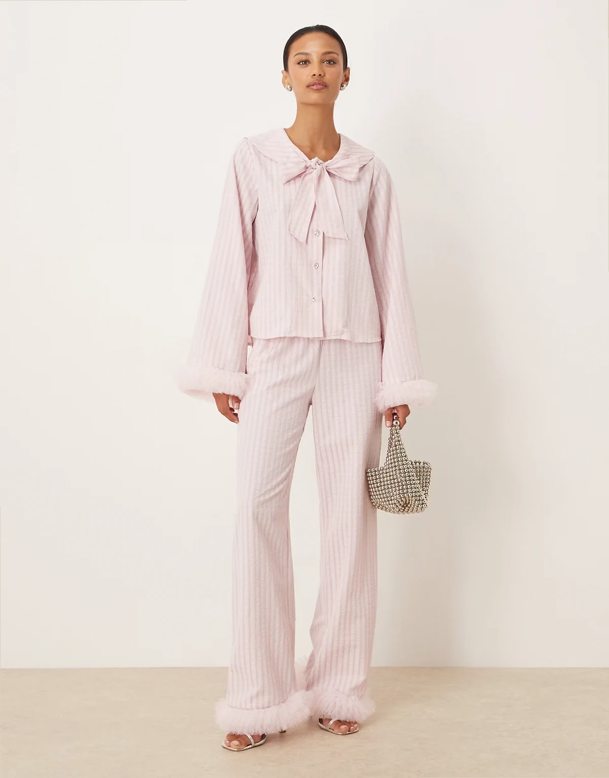 Wonder tulle trim pants in light pink stripes - part of a set