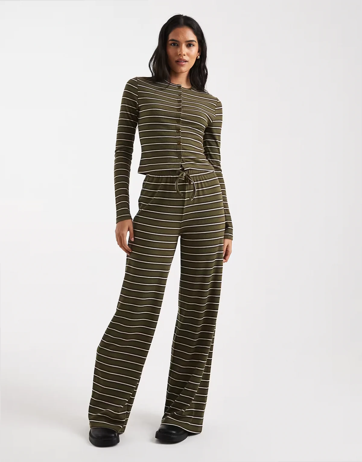 wide leg pants in olive stripes - part of a set