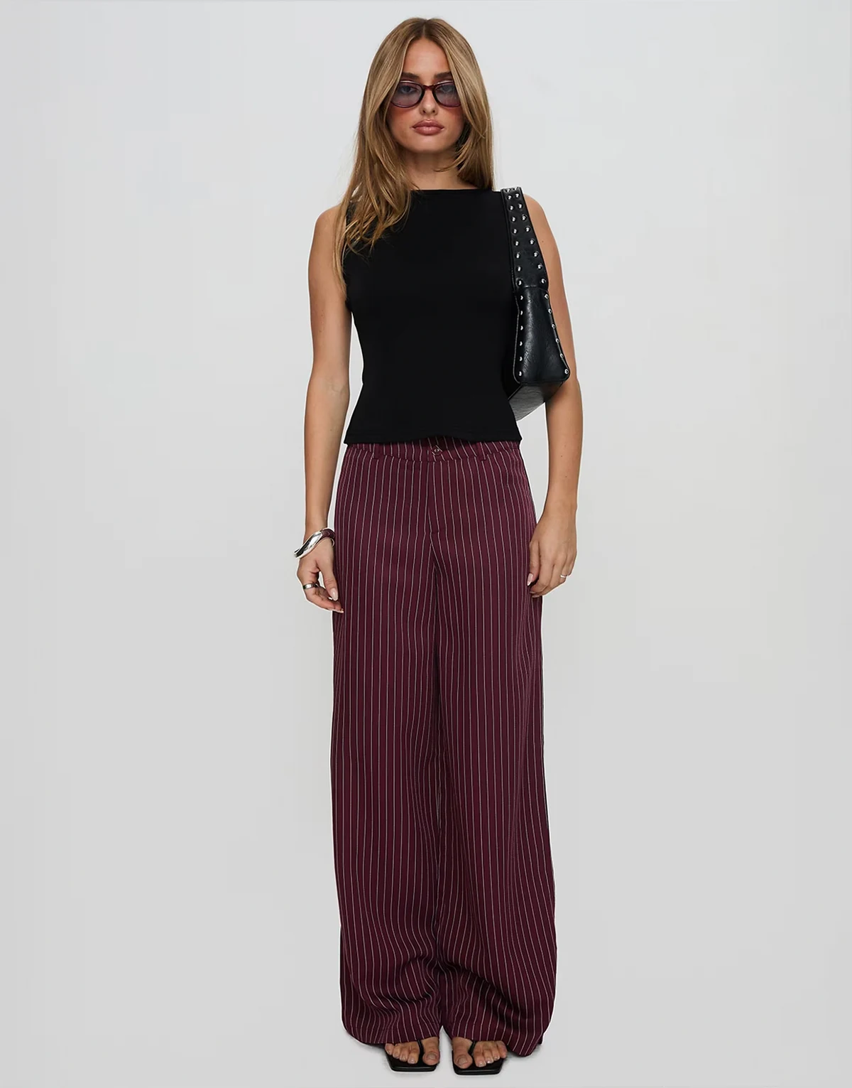 Lorenne mid rise tailored wide leg pants in burgundy pinstripe