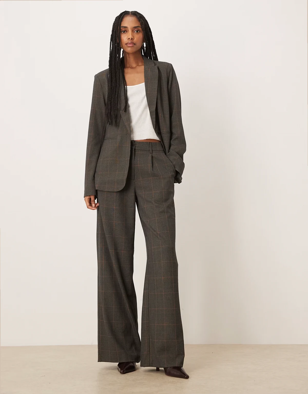 pleated wide leg tailored pants in brown plaid - part of a set
