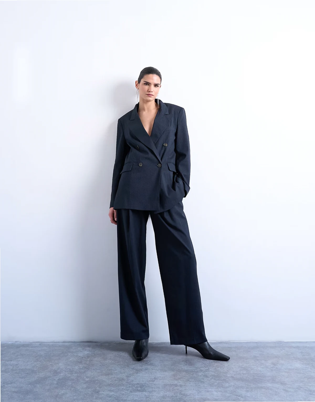 subtle pinstripe low rise buckle detail pants in navy - part of a set
