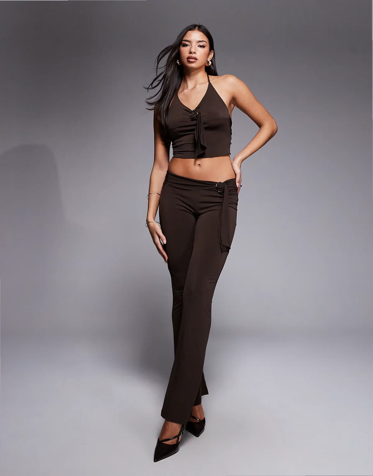 Siofra metal hardware drape belt detail flare pants in brown - part of a set