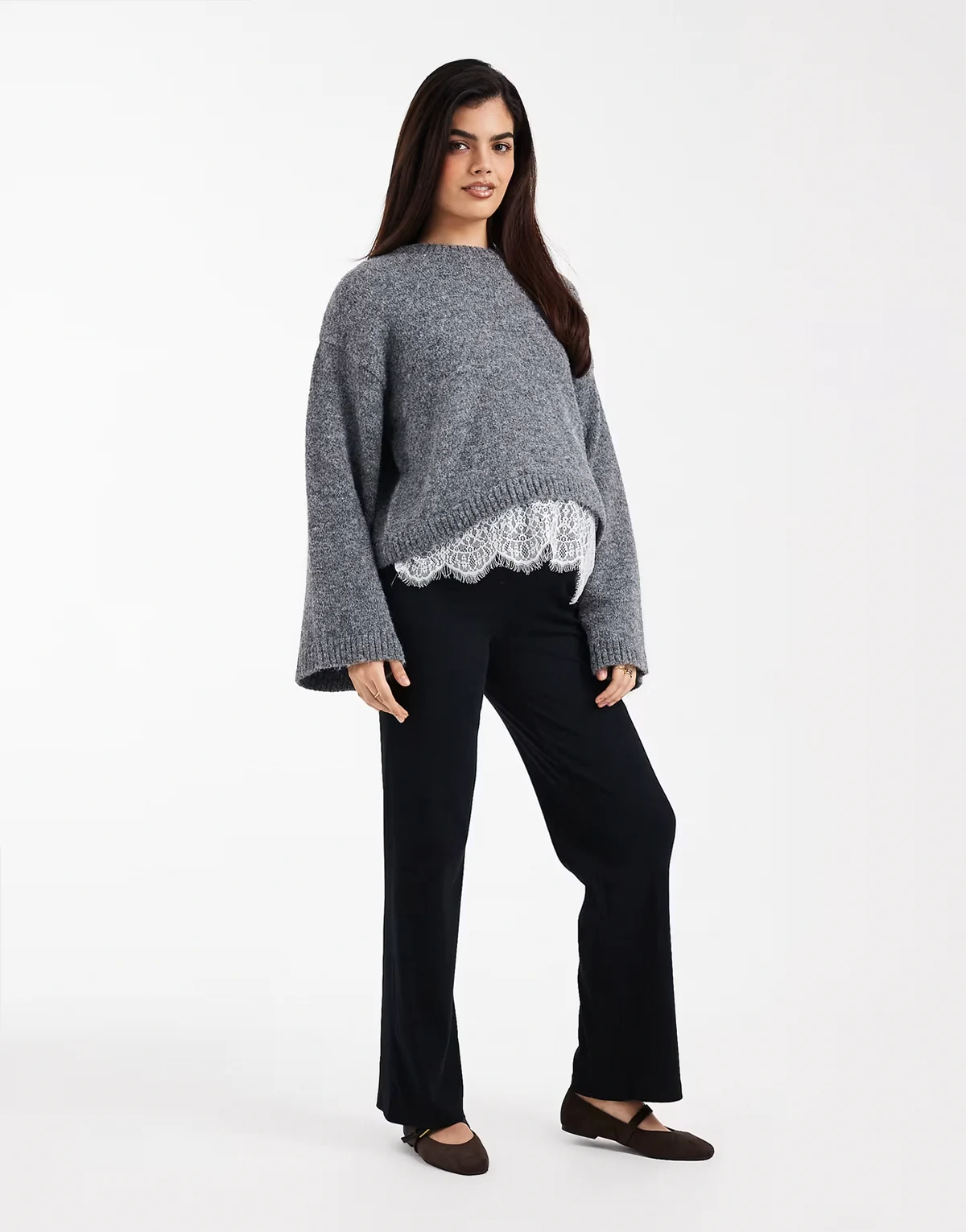 Mamalicious Maternity – Schwere, gerippte Hose in Schwarz mit weitem Bein