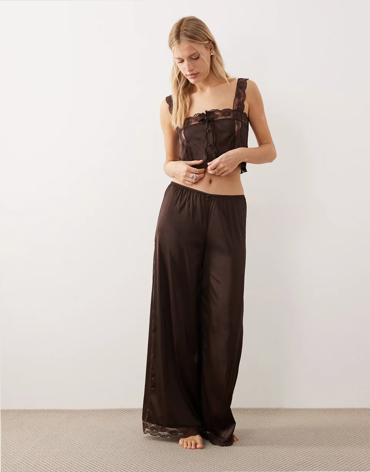 Cindy full length satin pants in espresso brown