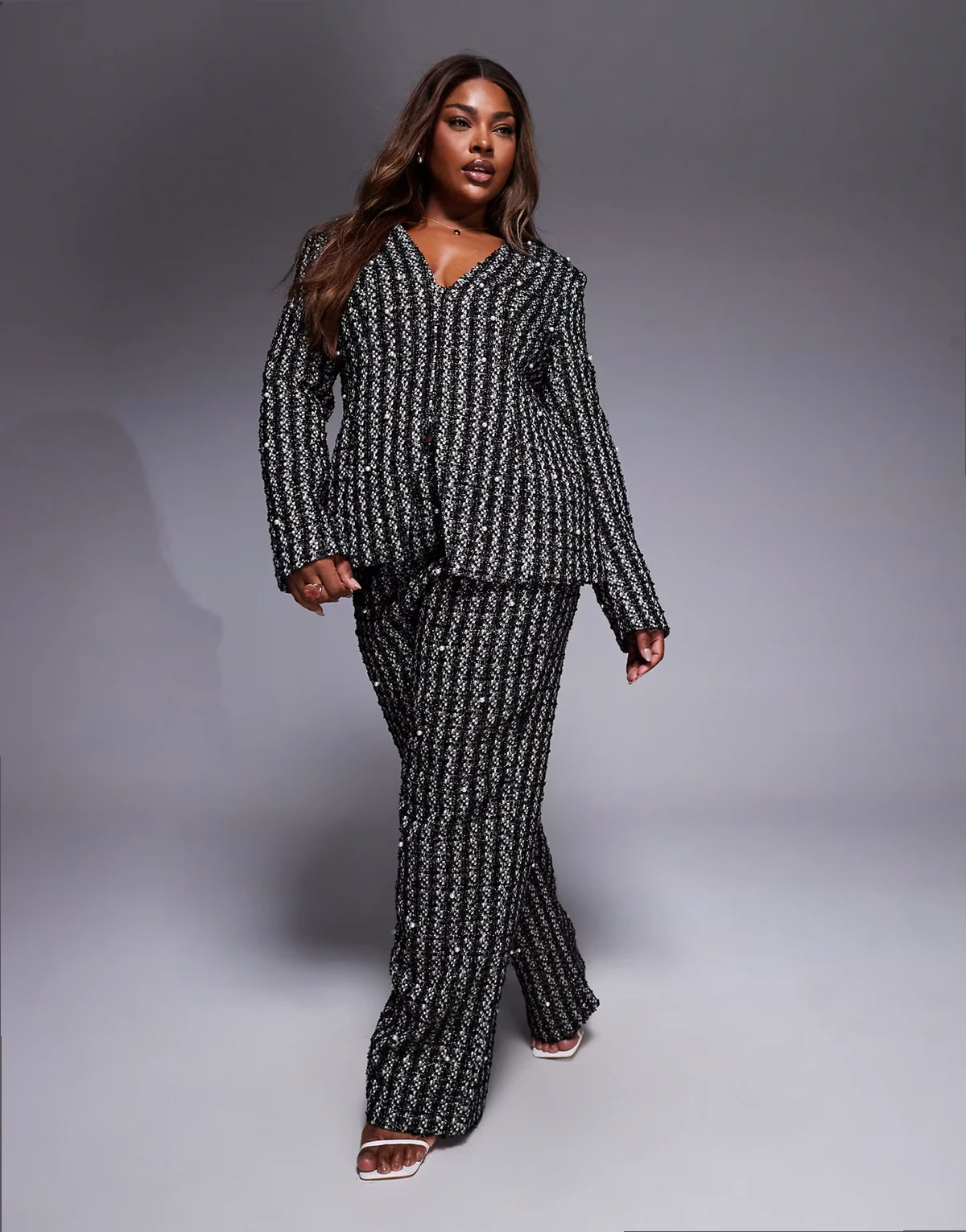 Curve faux pearl embellished boucle pants in black - part of a set