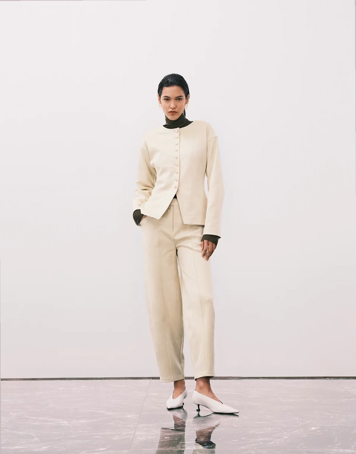 faux suede seam front detail balloon leg pants in buttercream - part of a set