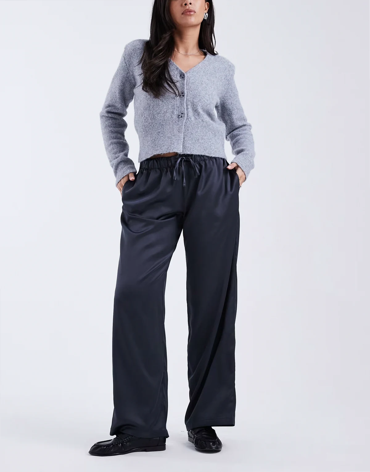 satin style pull-on pants in black