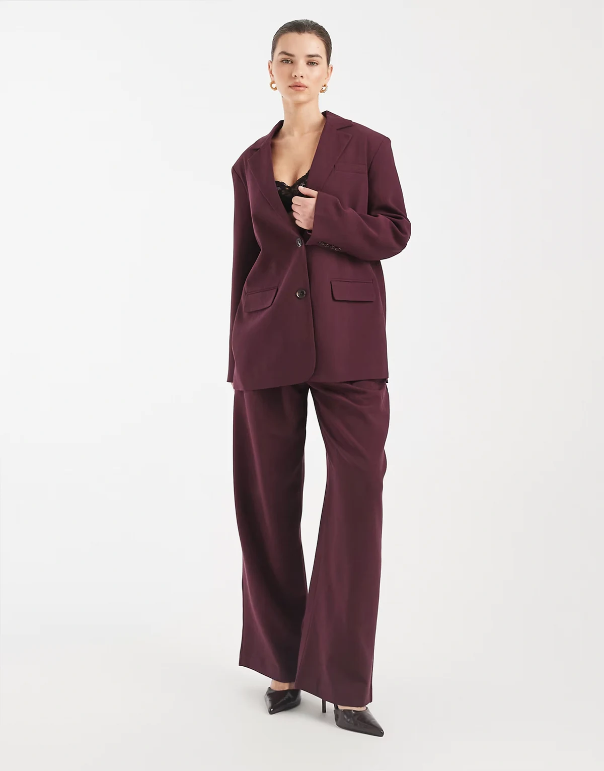 belted wide leg pants in burgundy - part of a set
