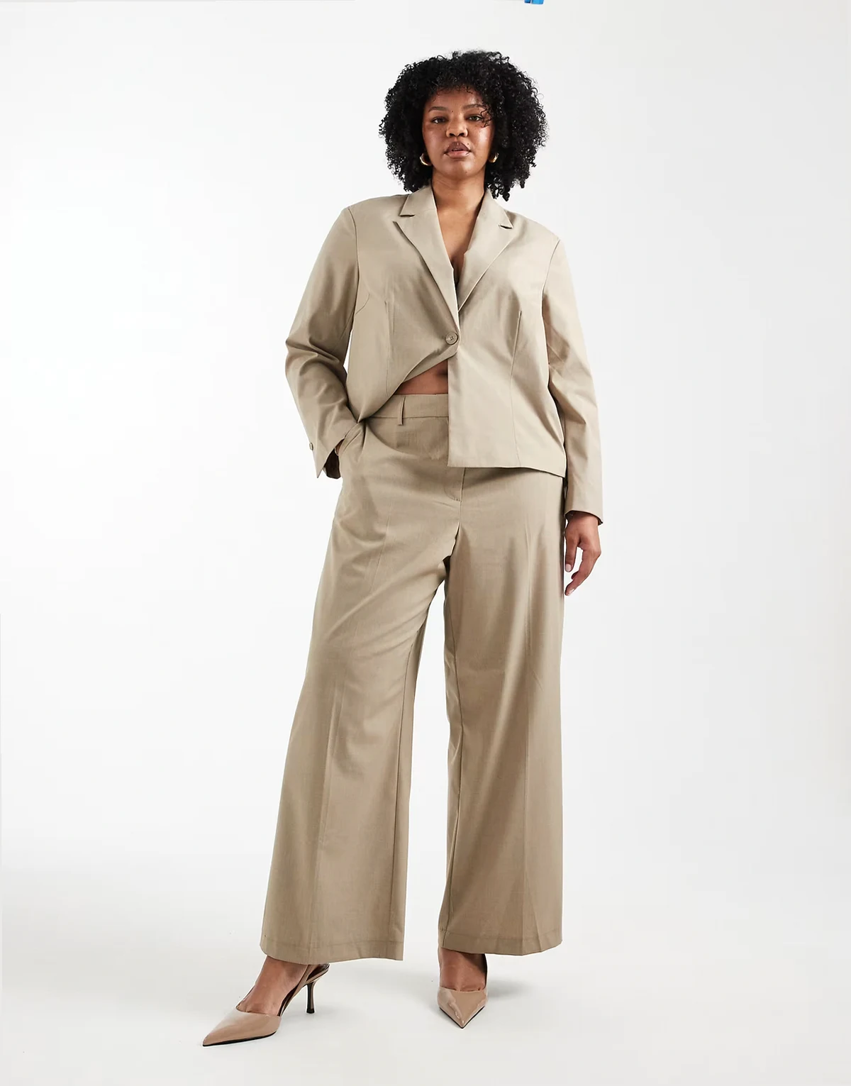 Pieces Curve tailored short blazer & wide leg pants set in beige