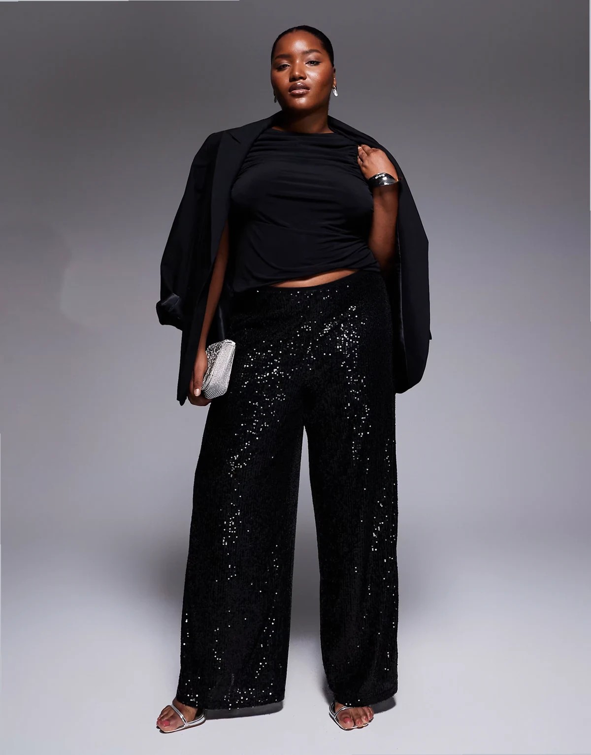 ASOS DESIGN Curve – Czarne cekinowe spodnie z szerokimi nogawkami
