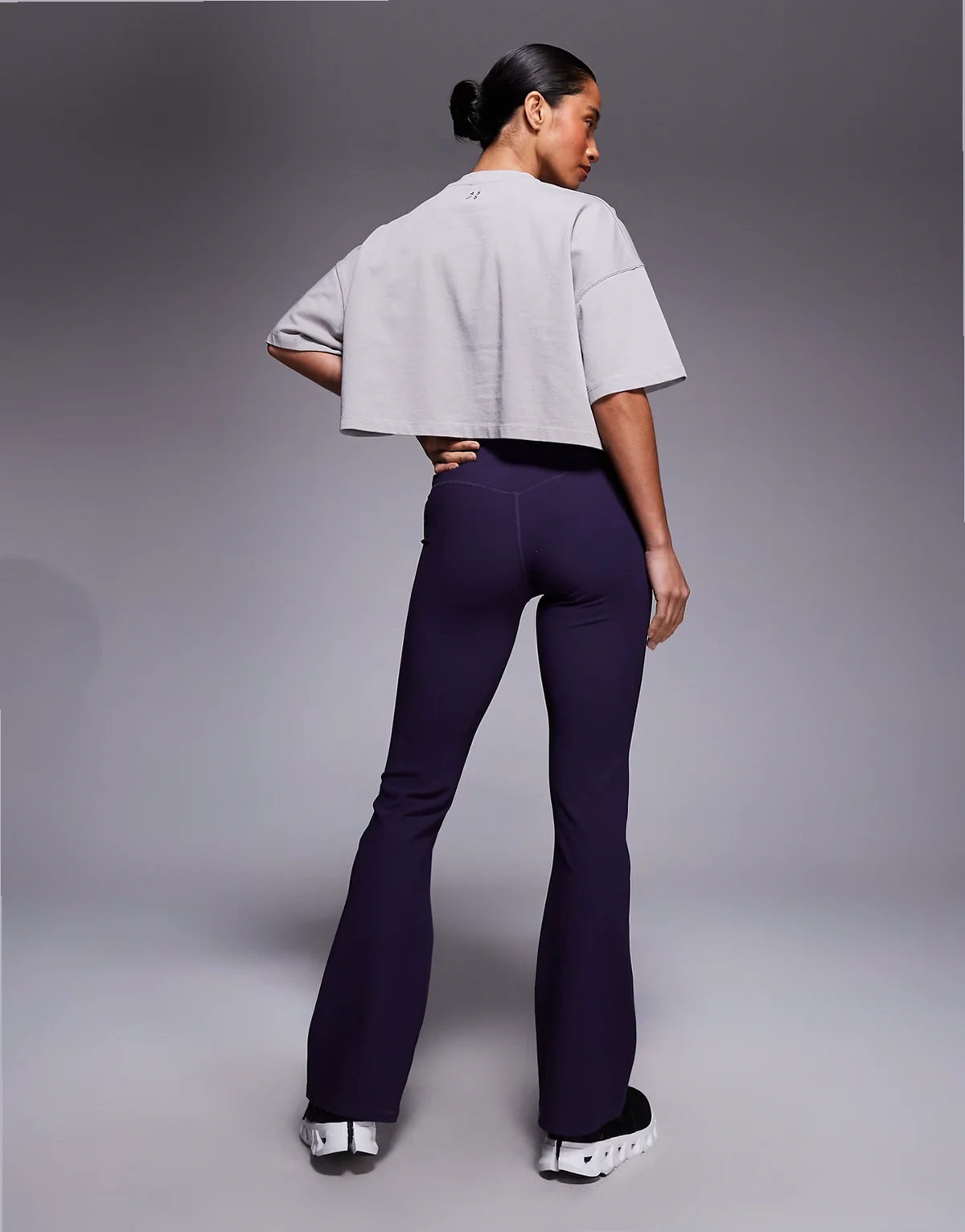 Petite micro rib wrap waist slim kick flare yoga leggings in grape