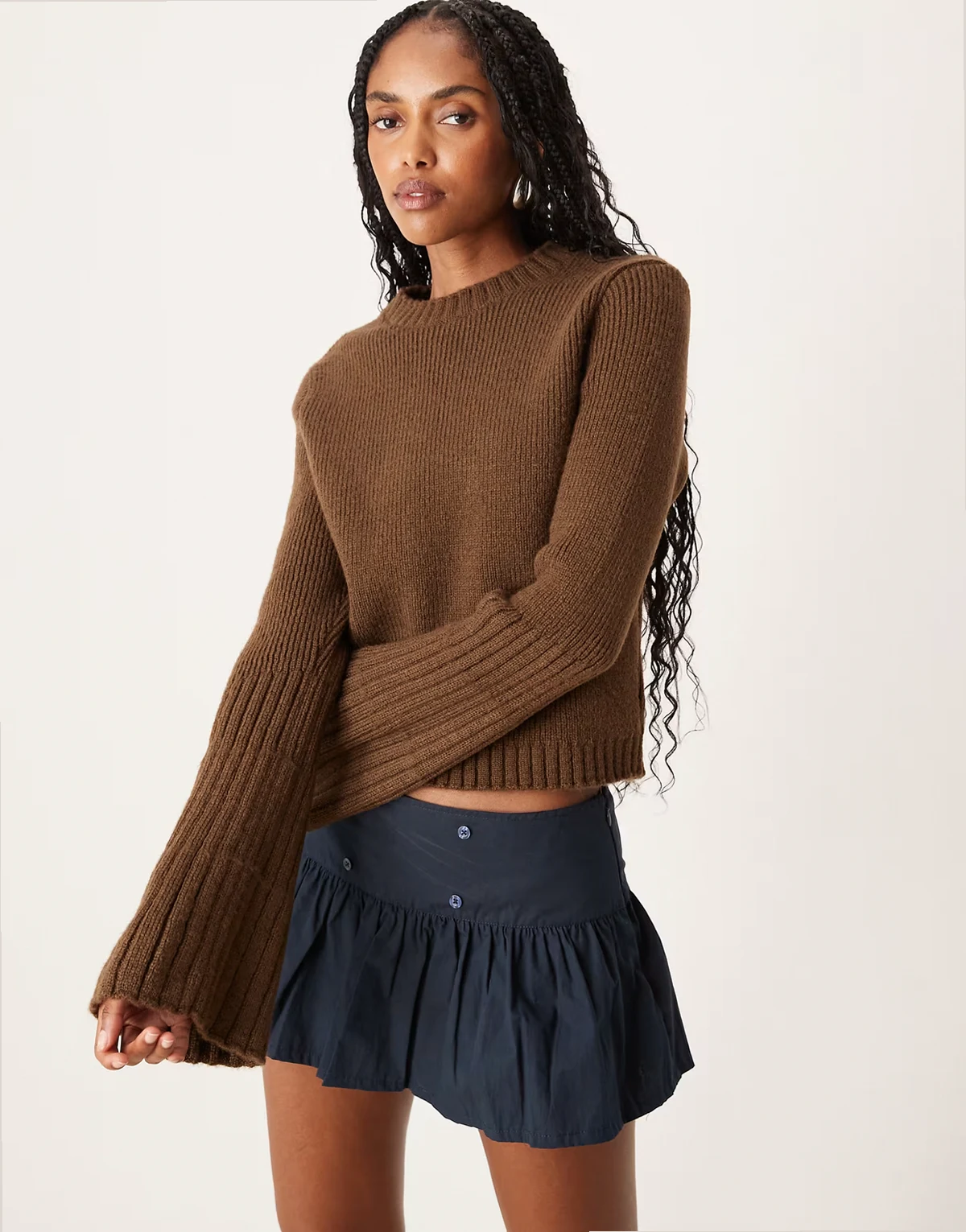 knit crew neck sweater with angel sleeves in brown