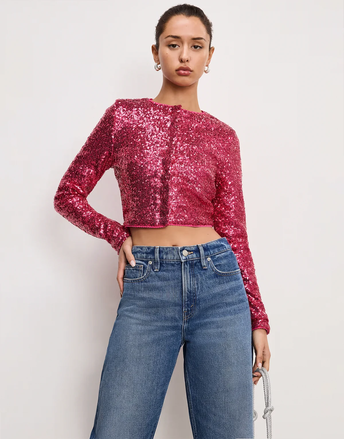 – Strickjacke aus Baumwolle in Rosa mit Paillettenverzierung