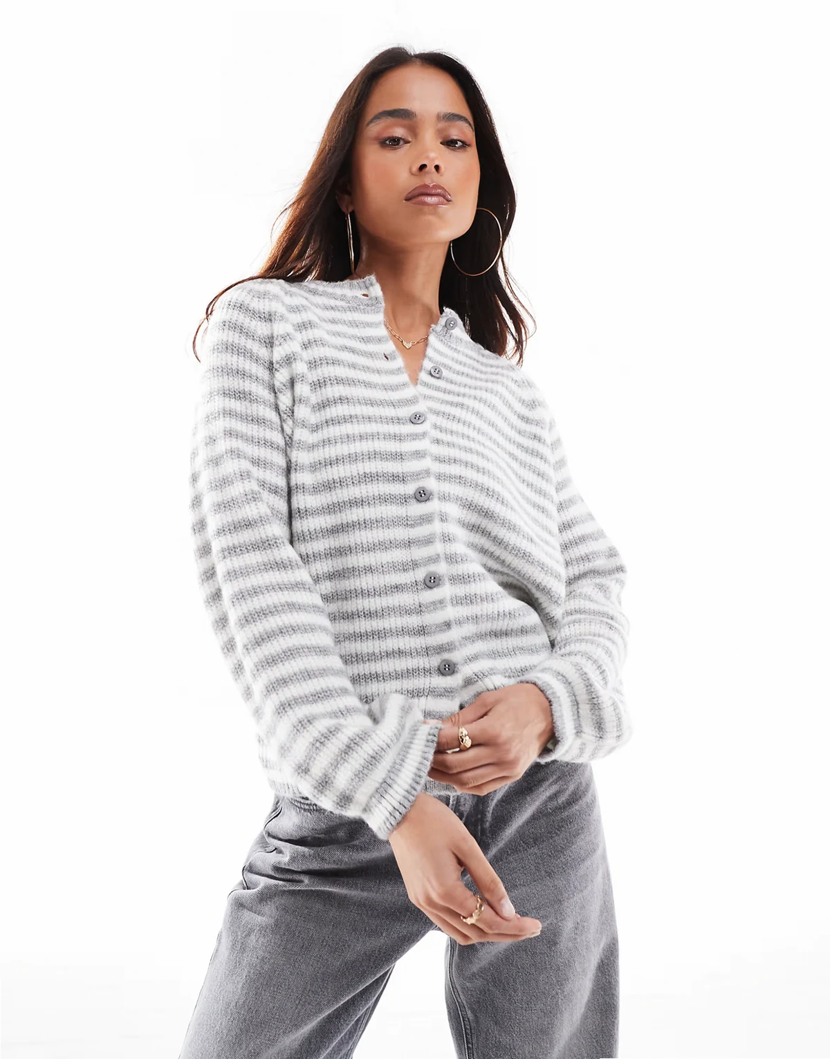 knit raglan cardigan in gray stripe
