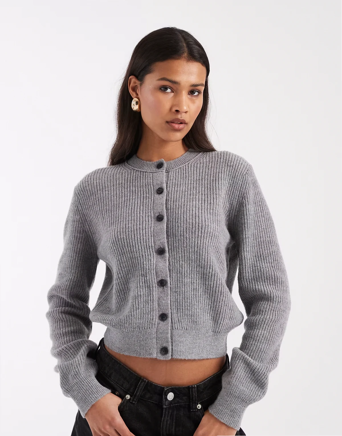 – Slim-Fit-Strickjacke aus Woll-Baumwollmix in meliertem Grau