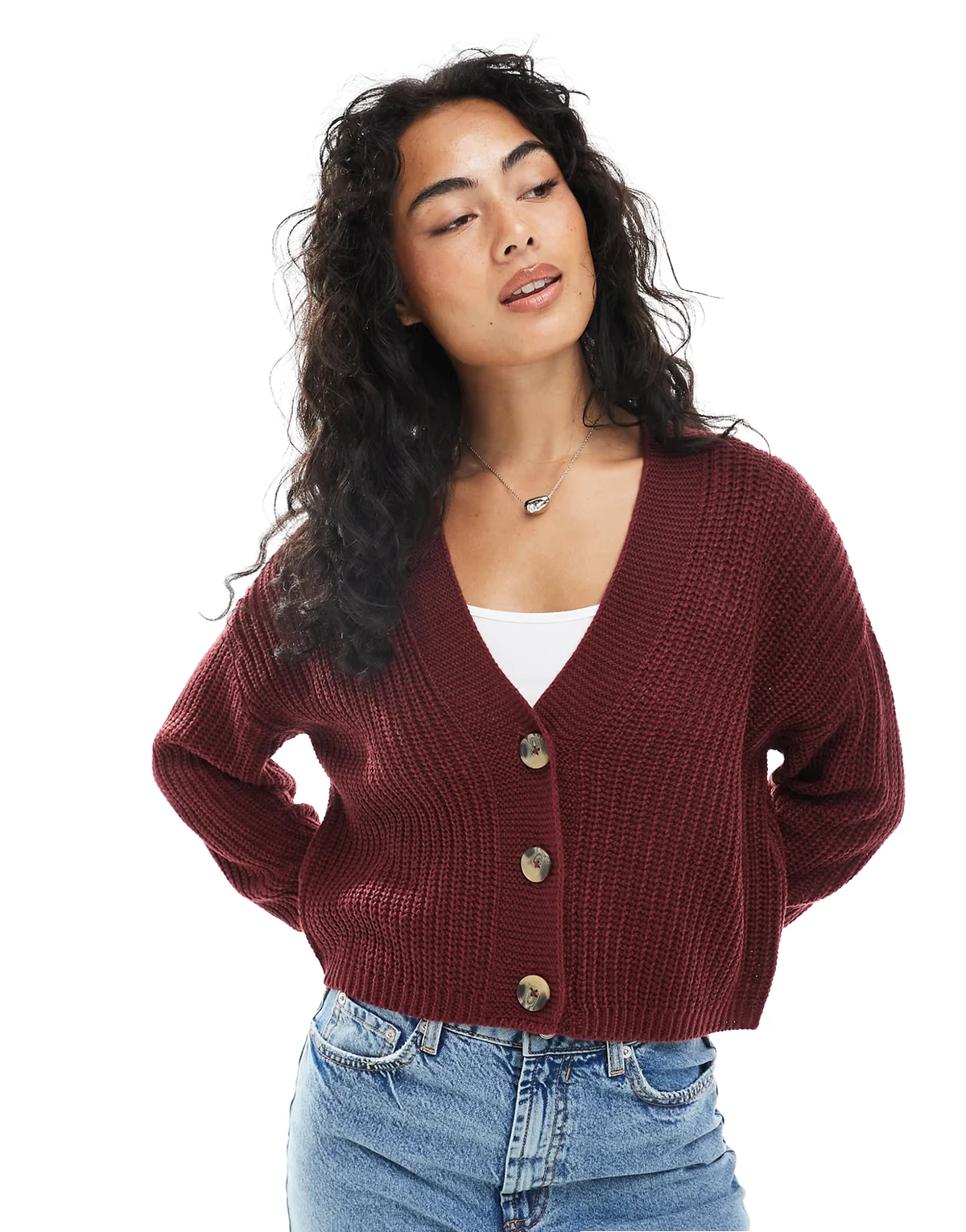 – Gerippte Strickjacke in Dunkelrot