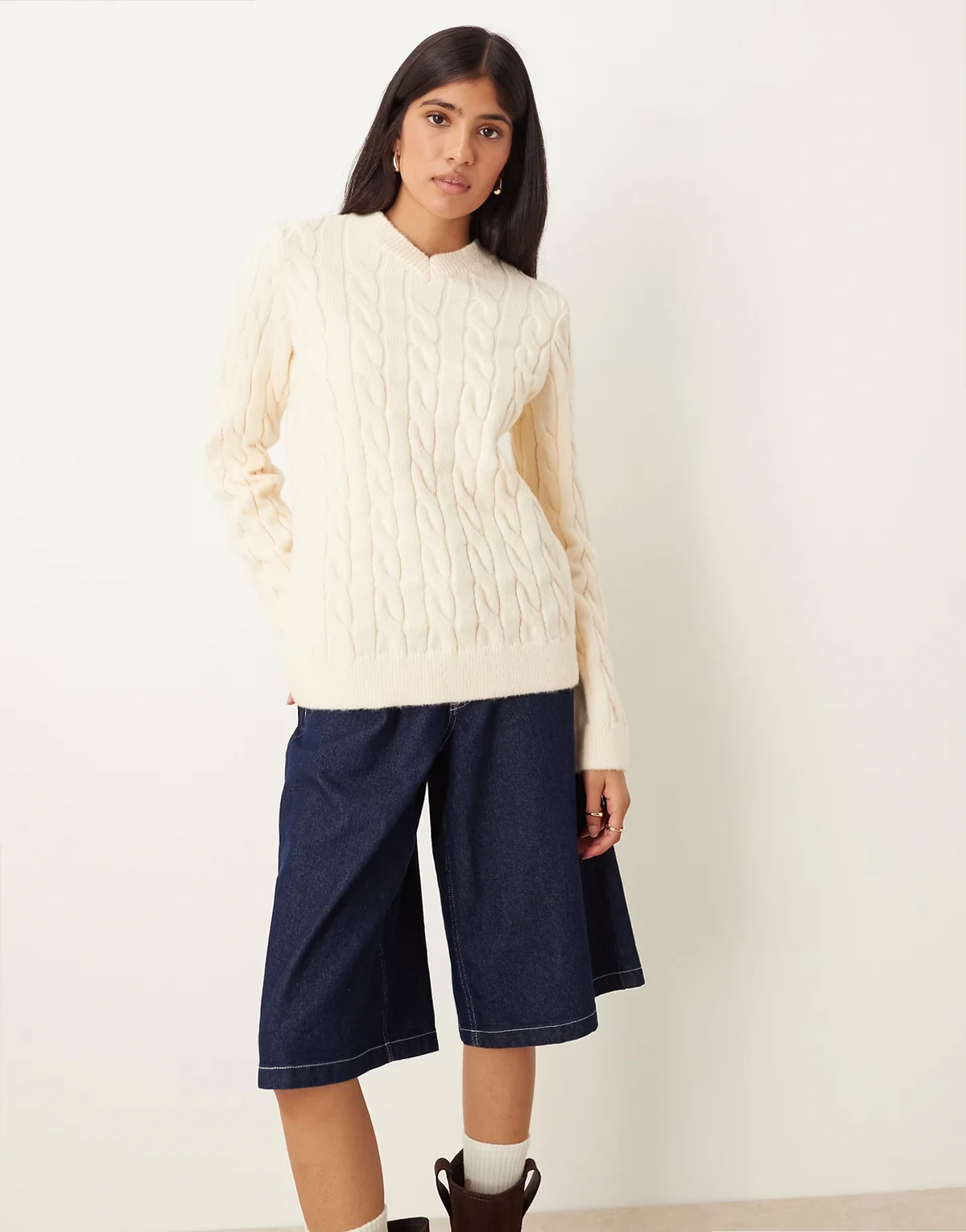 cable knit sweater with high v neck in ecru