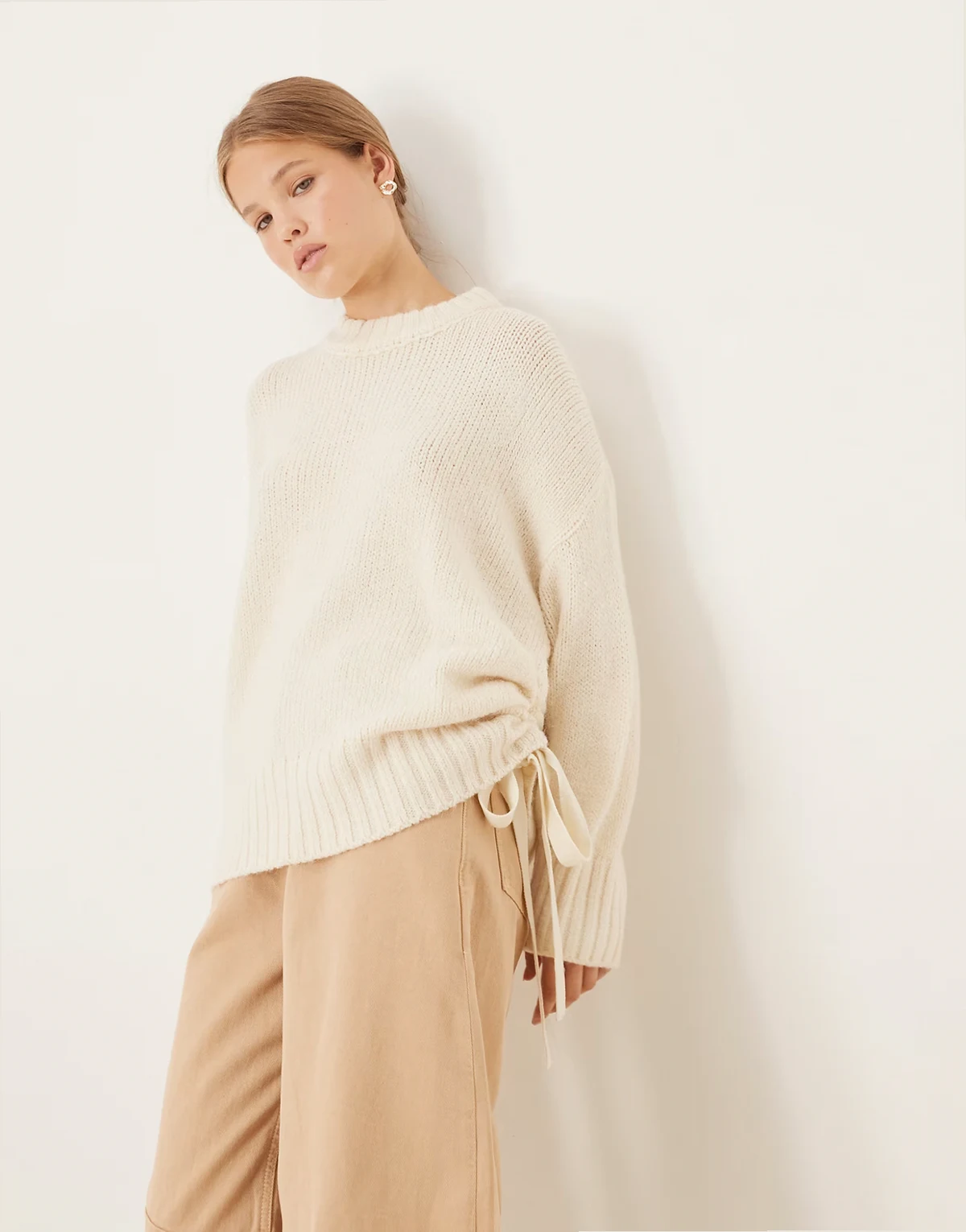 ruched side tie sweater in cream