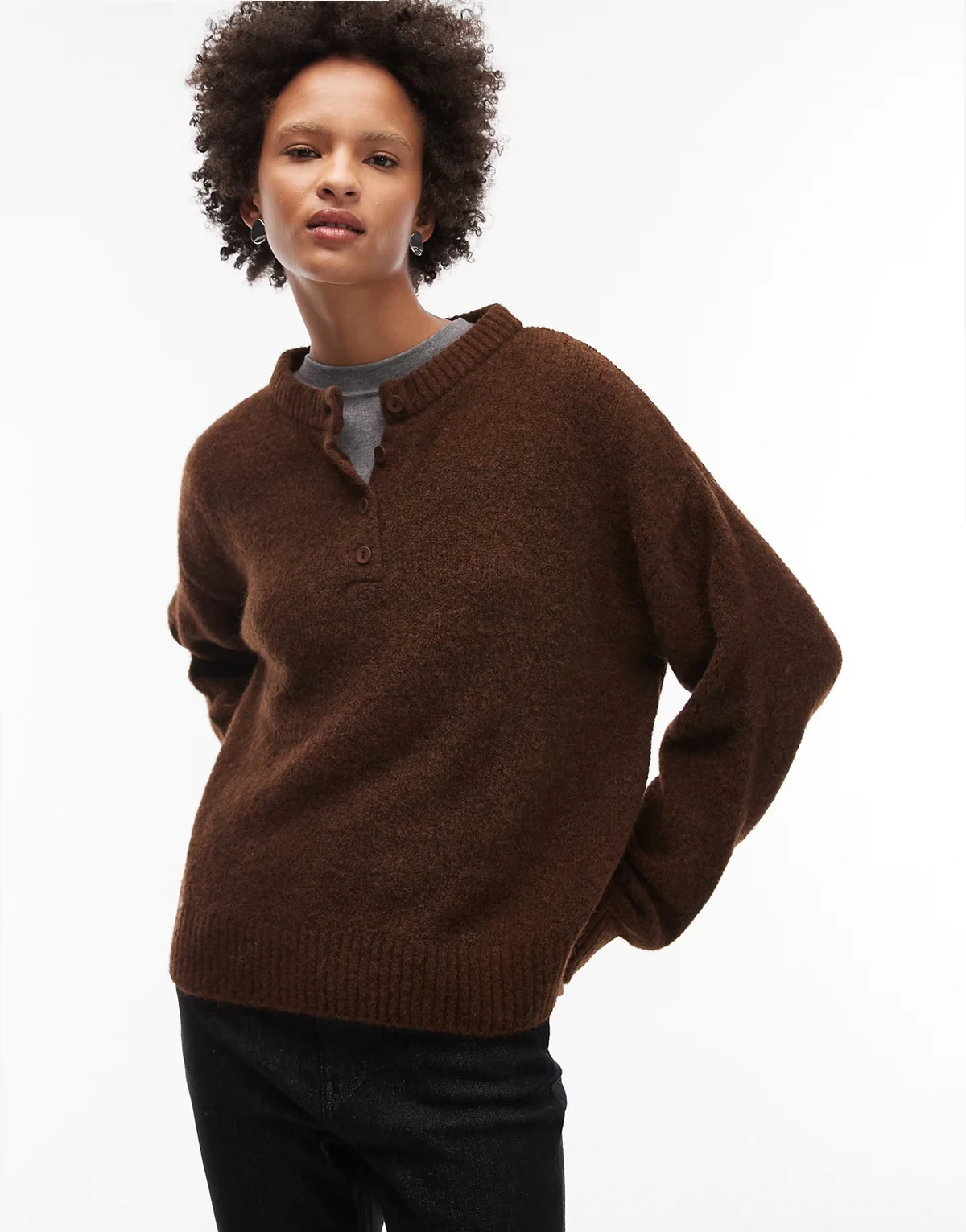 knit oversized wool blend henley sweater in chocolate