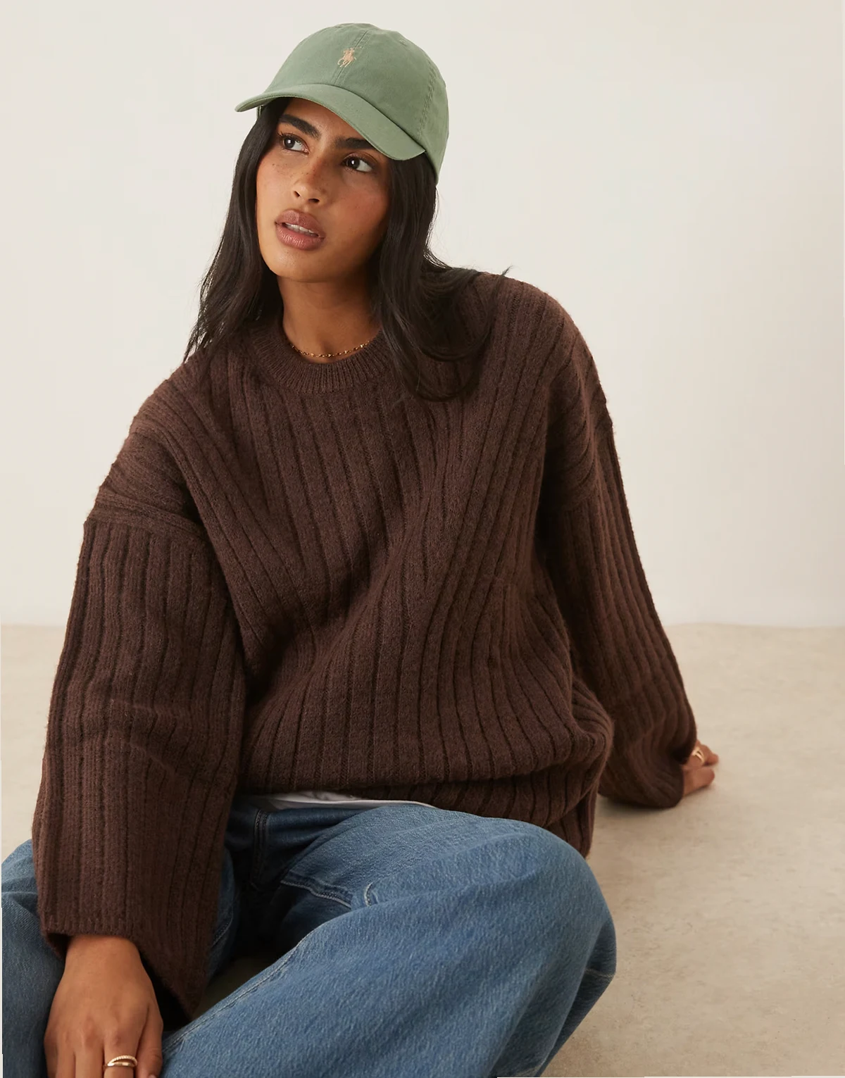 longline crew neck rib knit sweater in chocolate