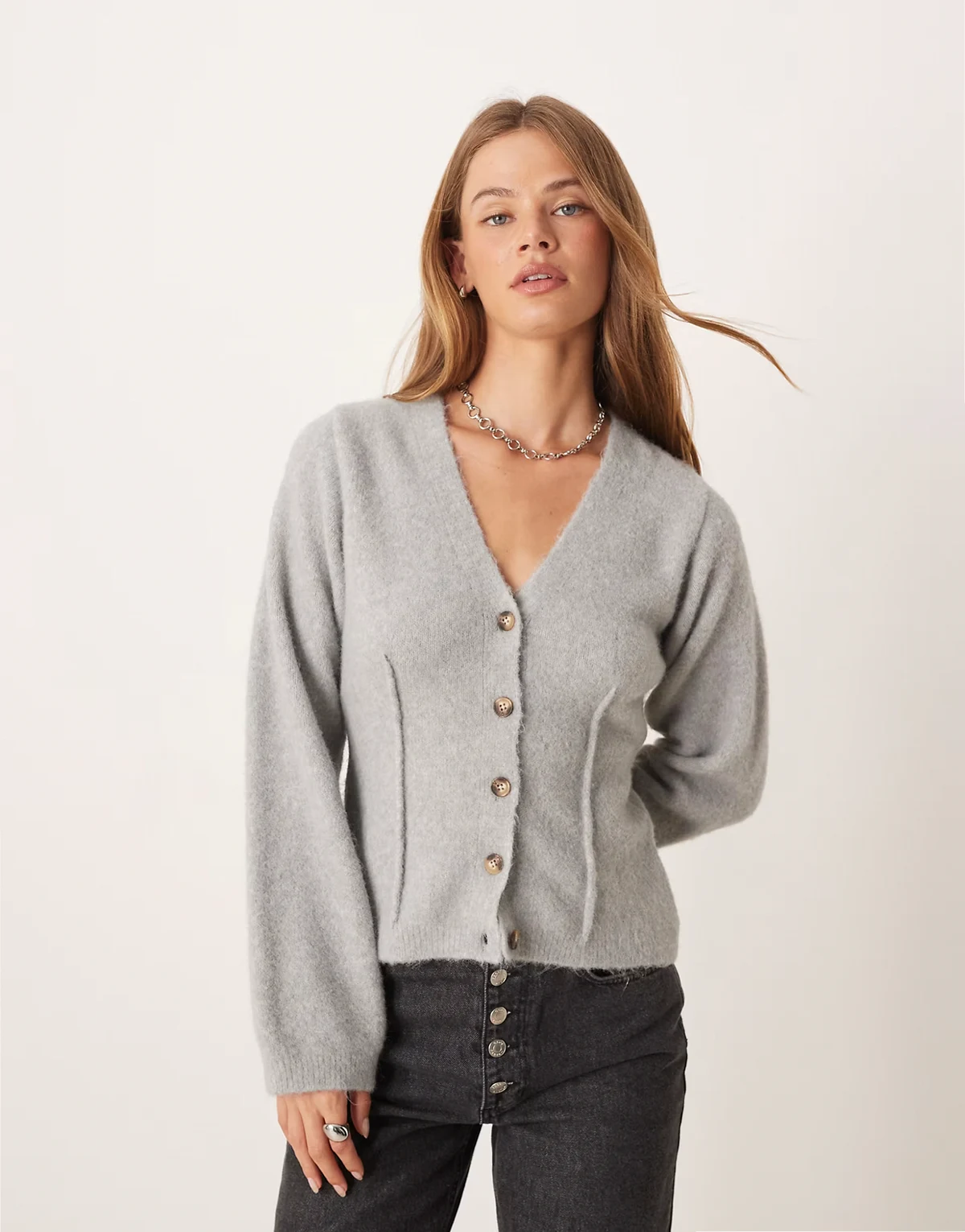 cardigan with exposed waist seams with wool in gray