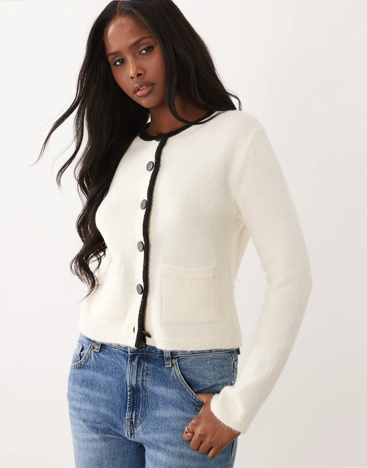 knit cardigan with tipping in ecru