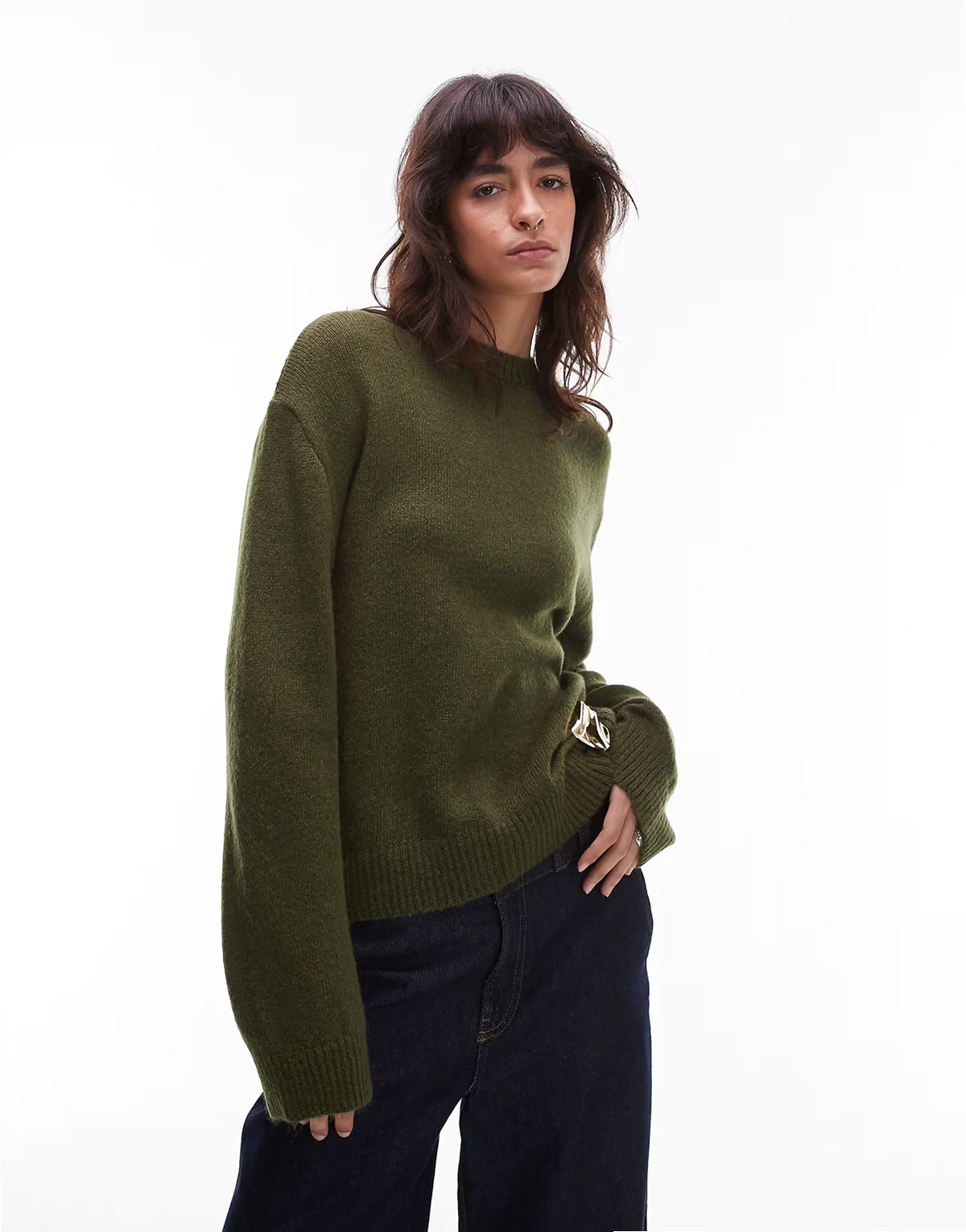 knitted crew neck sweater with gold metal detail in khaki