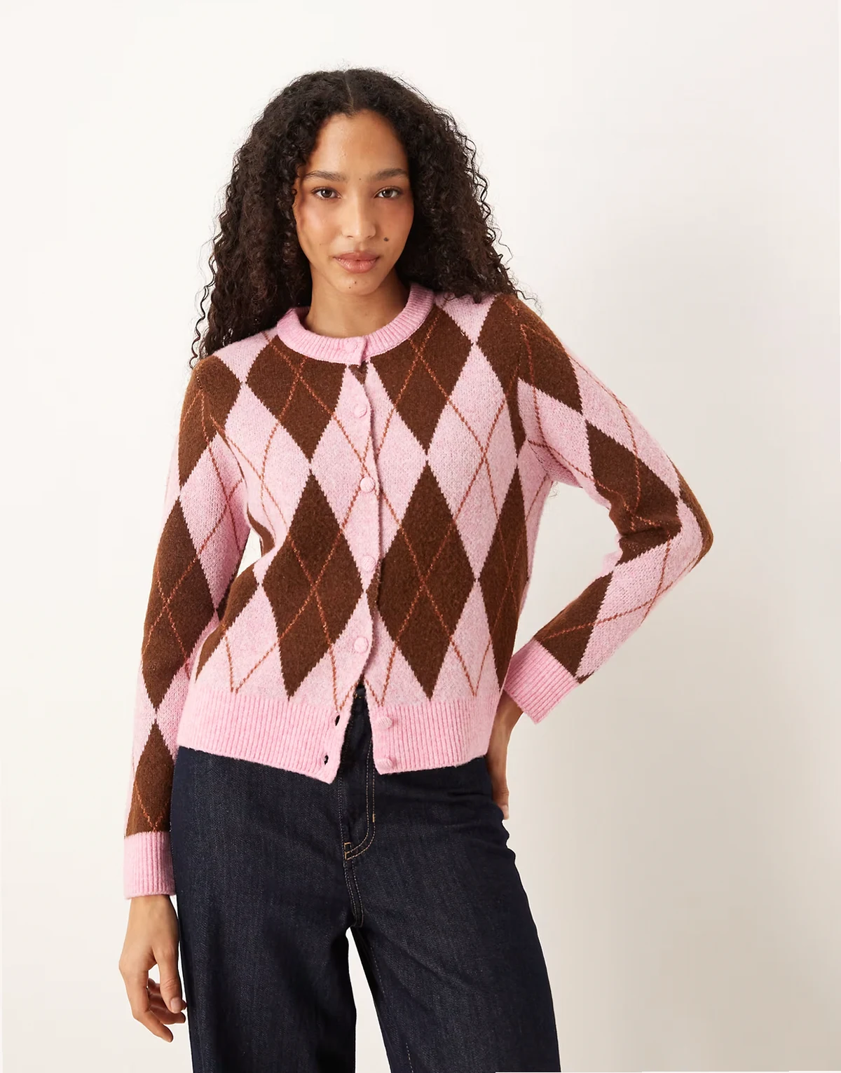 argyle knit cardigan in cherry blossom and brown