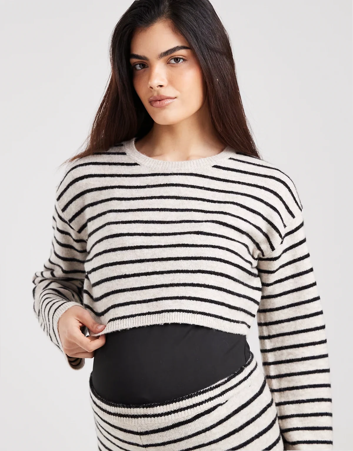 Mamalicious Maternity knit long sleeve cropped sweater in black and cream stripe - part of a set