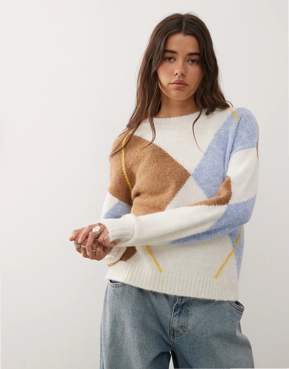 – Pullover in Beige mit Rautenmuster