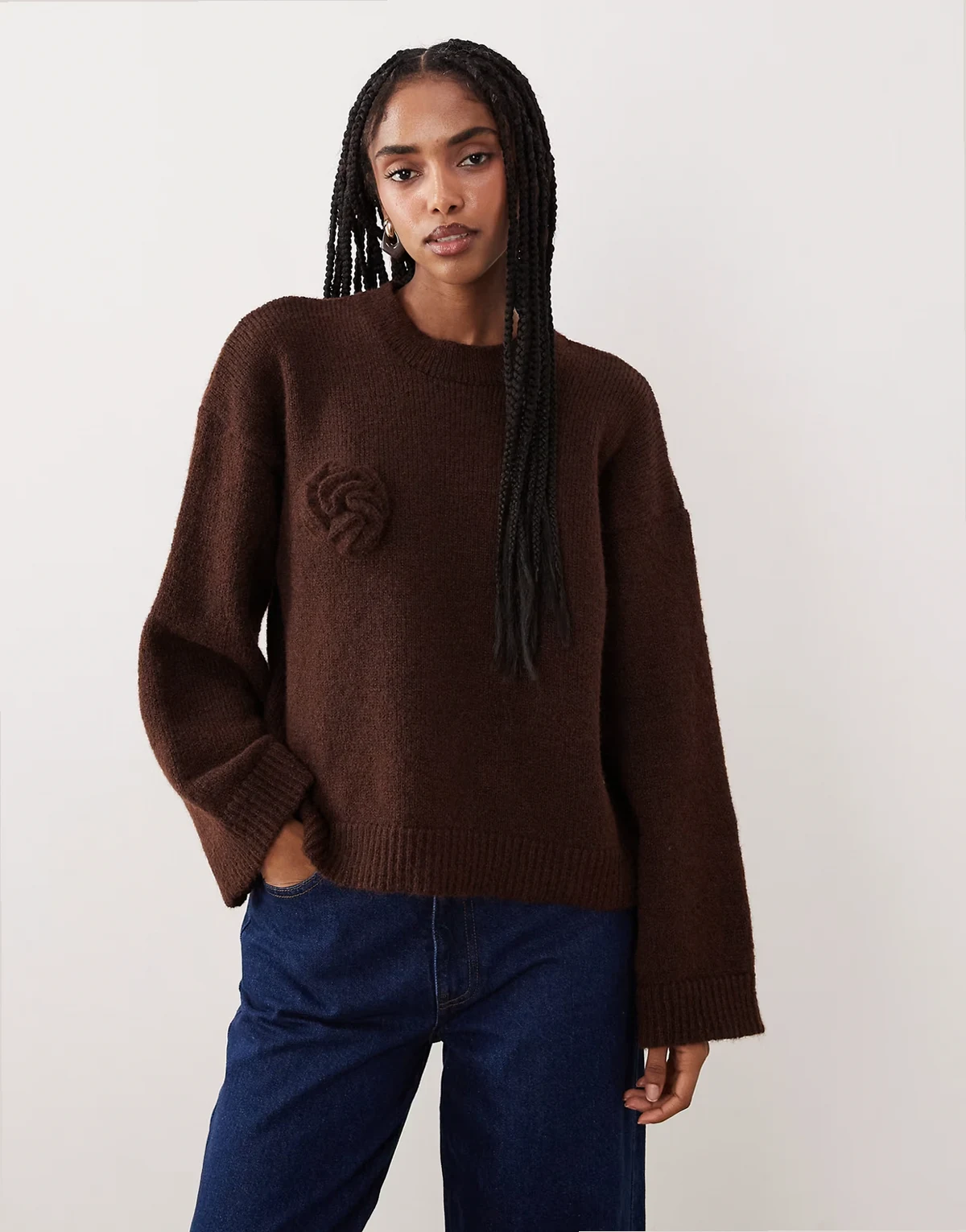 knit wide sleeve sweater with 3D floral and wool in brown