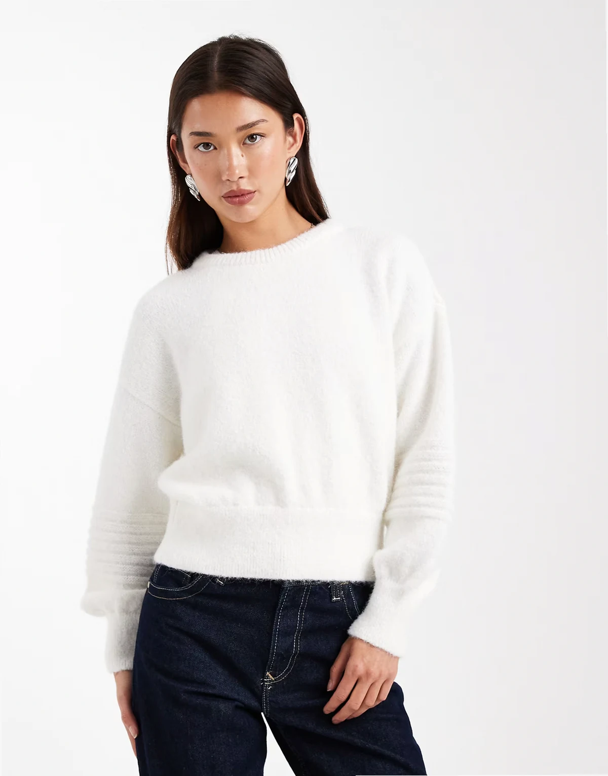 stitch detail nipped waist sweater in cream