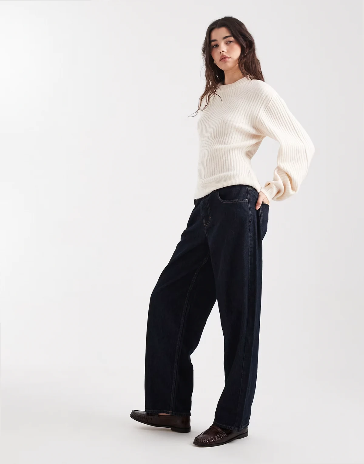 crew neck rib knit detailing sweater in cream