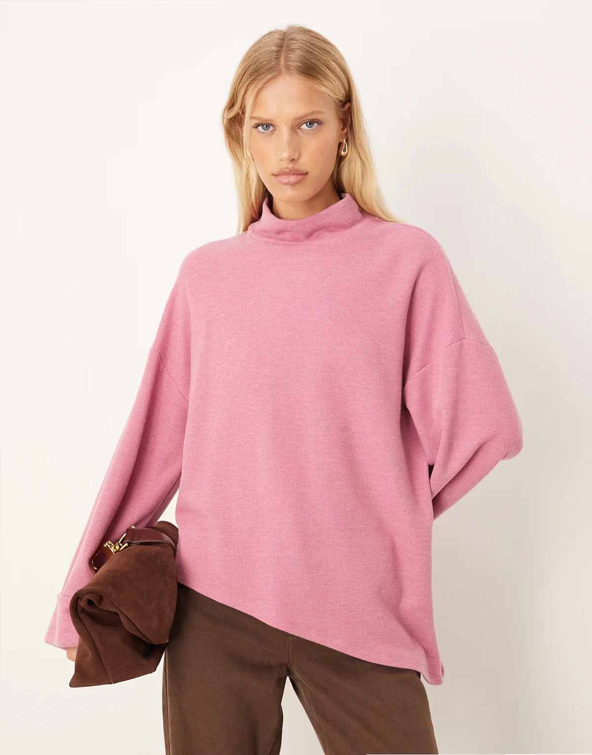 Supersoft asymmetric sweater with turn back cuff in pink