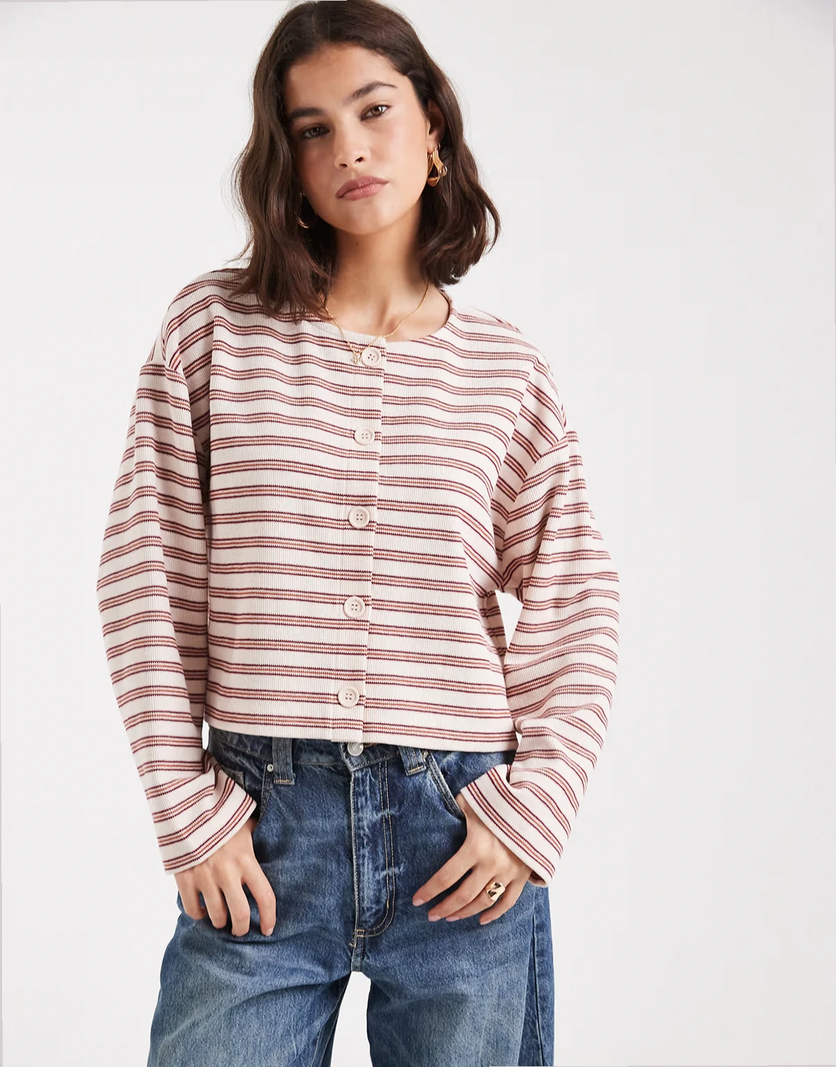 ribbed button up long sleeve cardigan in stripe
