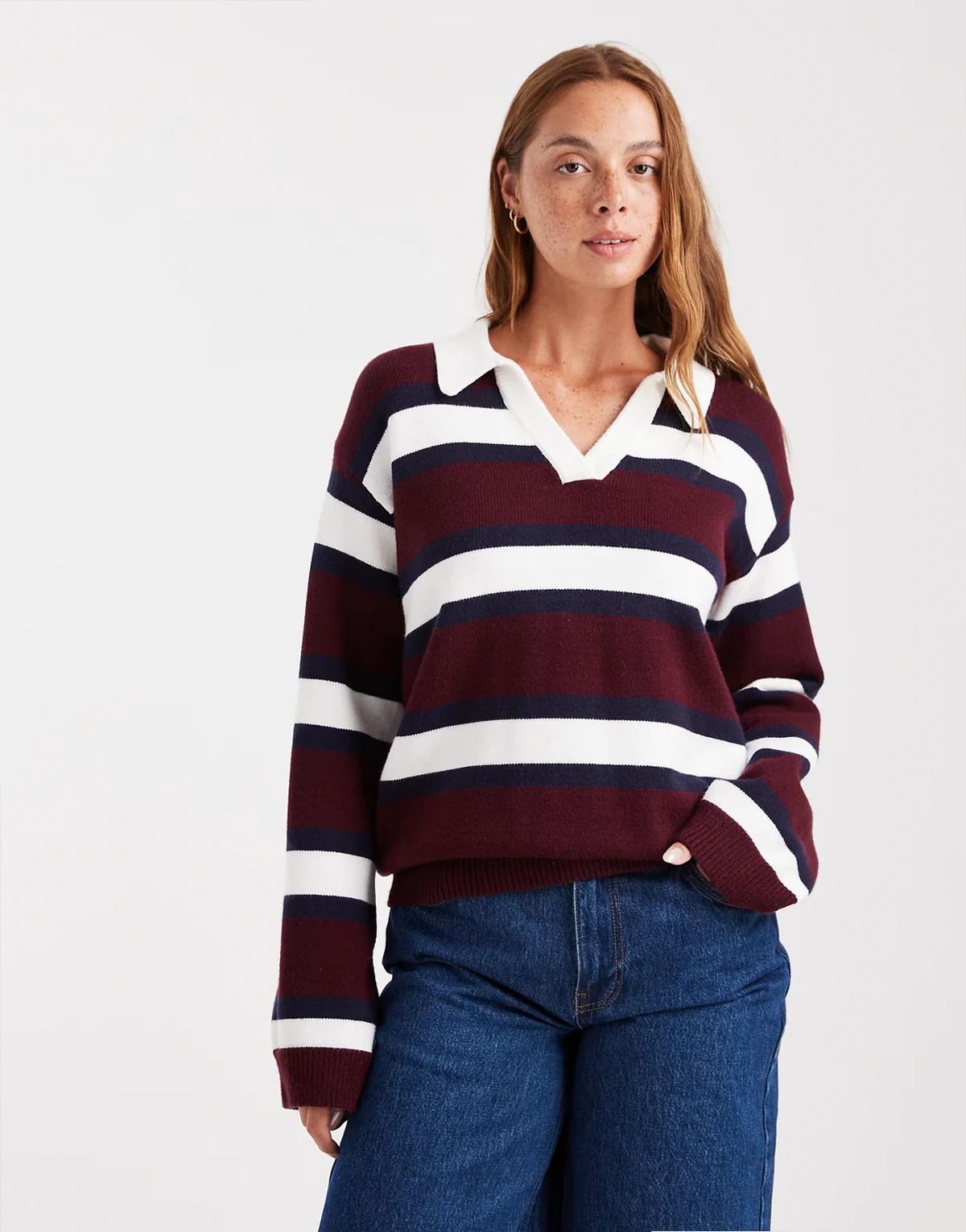 knit collared rugby sweater in multi burgundy stripes