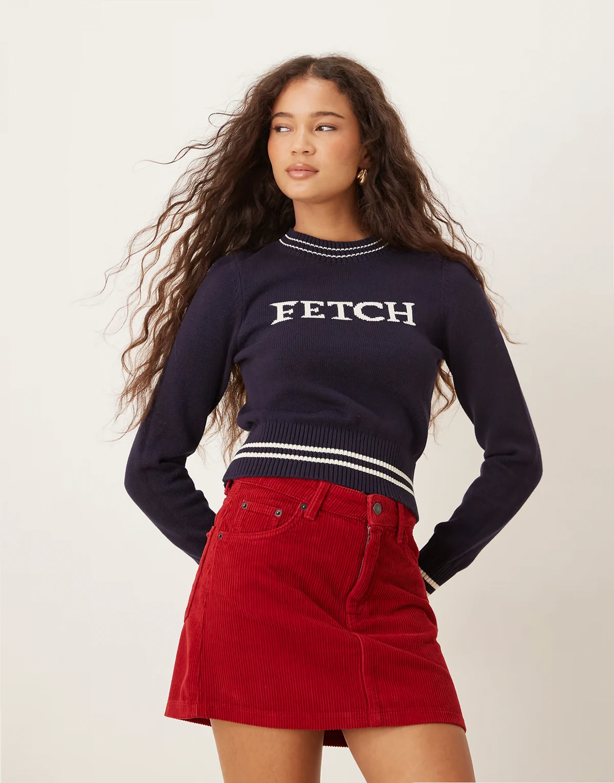 fetch crew neck cropped sweater in navy
