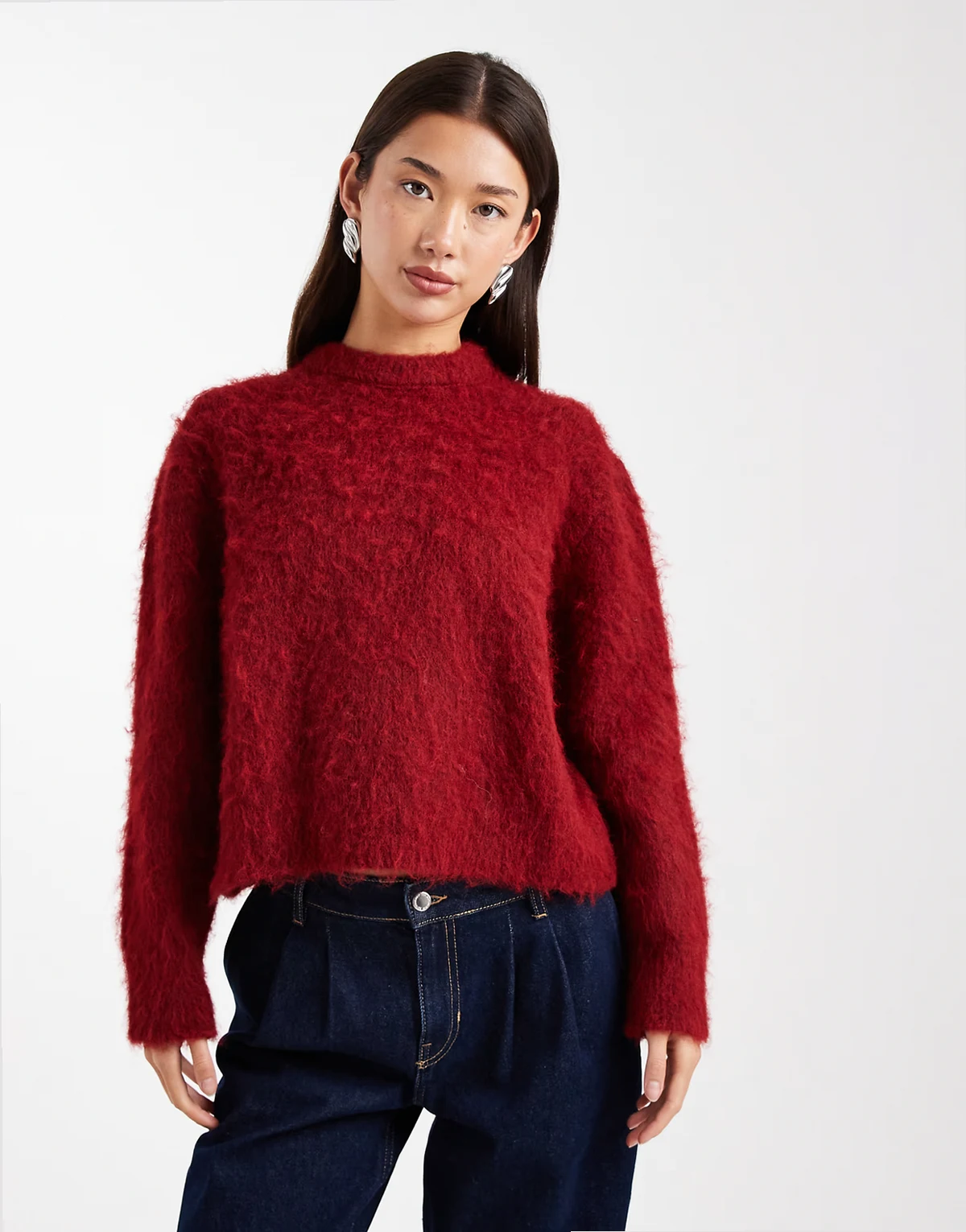brushed fluffy sweater in burgundy